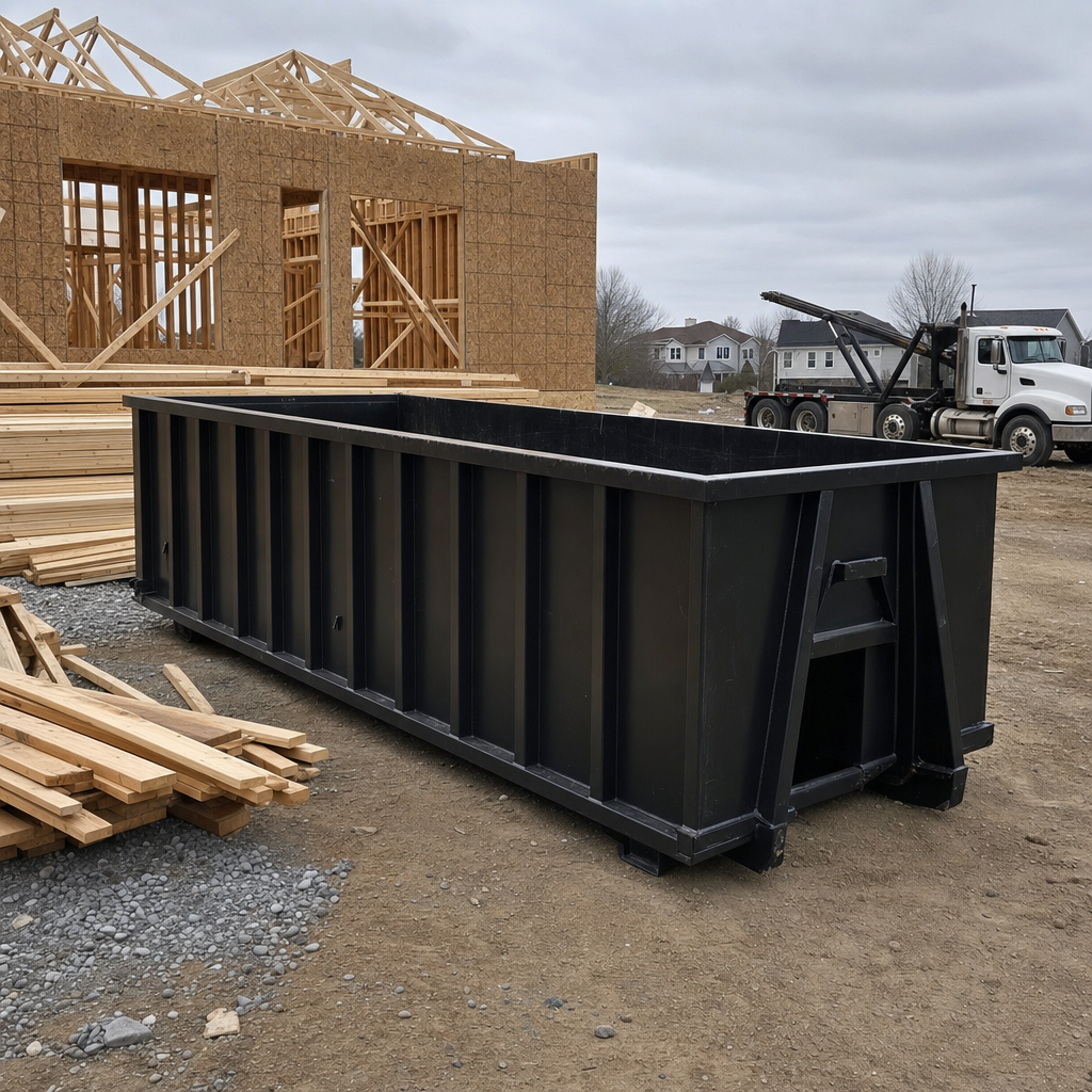 Matte-black 40-yard roll-off dumpster staged on a framed-out residential construction site in Snoqualmie, framing lumber stacked nearby, hooklift delivery truck visible in the background under bright Colorado daylight
