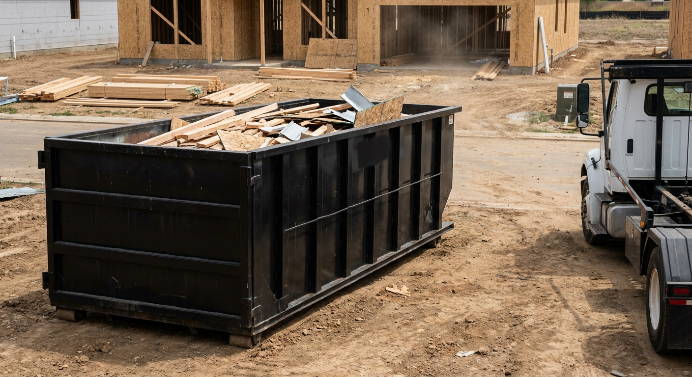 Matte-black 20-yard roll-off construction dumpster with heavy ribbed steel sidewalls and swing rear doors at a working jobsite in Snoqualmie, sitting directly on compacted dirt with an unmarked white hauler partially visible at the far edge of the frame.