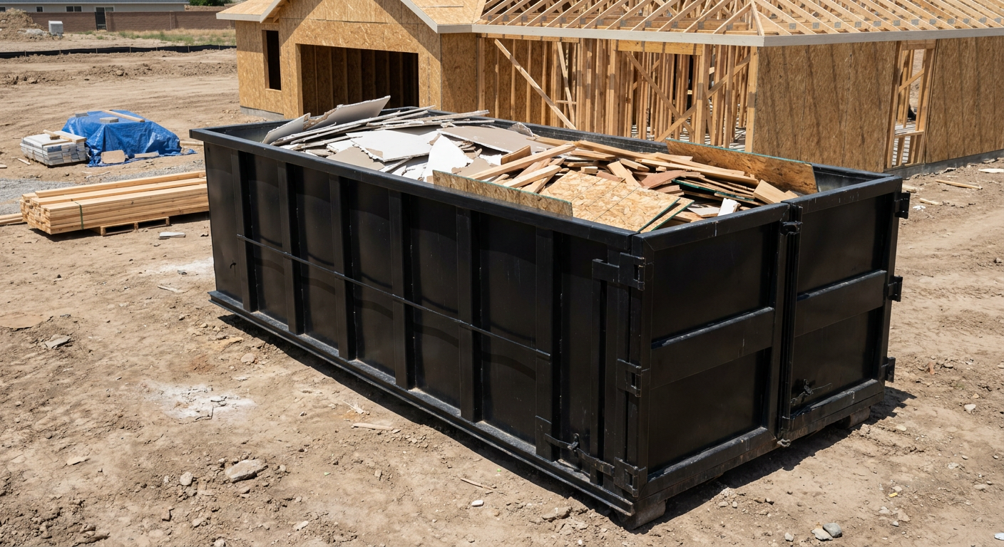 Matte-black 30-yard roll-off construction dumpster sitting directly on the compacted-dirt site of a framed single-family home build in Snoqualmie, drywall and lumber scrap loaded inside.