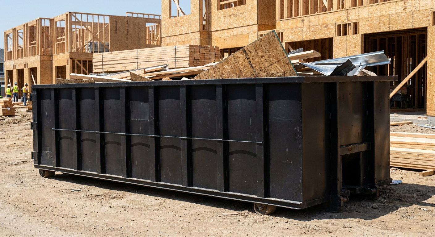 Matte-black 40-yard roll-off construction dumpster being lowered from a white-cab hooklift delivery truck onto the compacted-dirt jobsite at a commercial build site in Snoqualmie