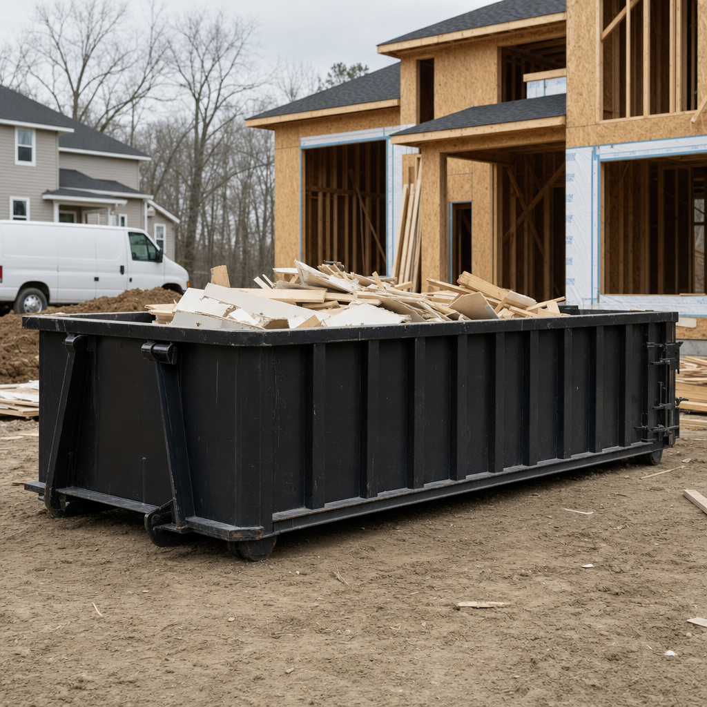 Worker in a yellow high-visibility vest tossing framing lumber and broken drywall into a matte-black 30-yard construction roll-off dumpster on an active build site in Snoqualmie, bright daylight