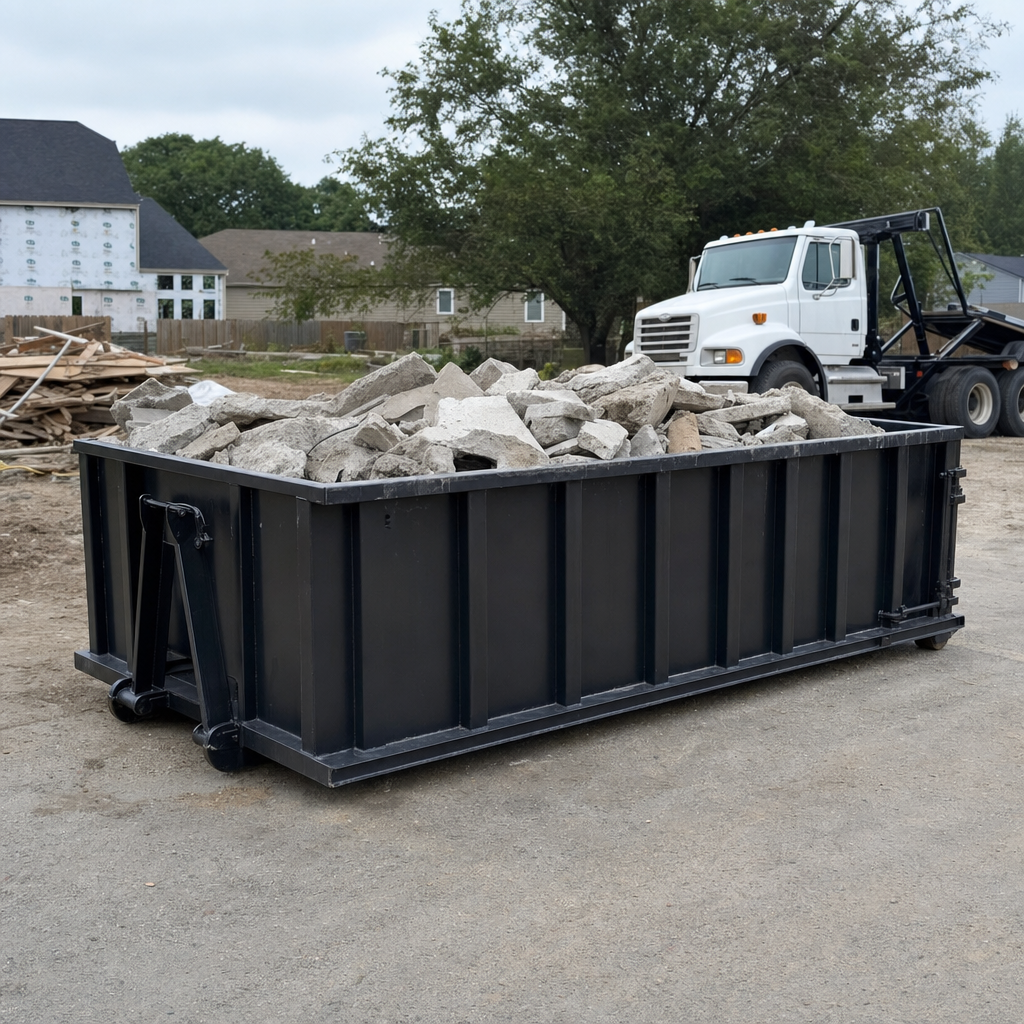 Low-profile matte-black lowboy roll-off dumpster loaded with broken concrete slab and rebar at a foundation tear-out in Snoqualmie, skid steer parked beside it, sunny Colorado morning