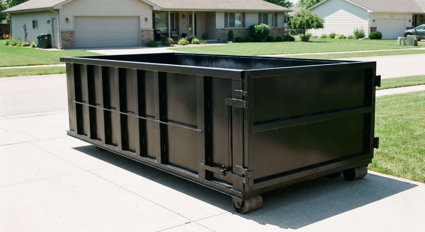 Matte-black 10-yard roll-off dumpster on a residential concrete driveway in Snoqualmie, uniformly painted matte black across every panel and rail, ribbed steel sidewalls and rear swing door visible, mid-day daylight.