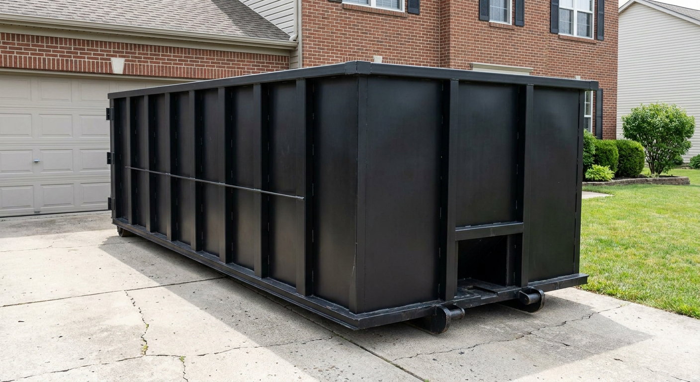Matte-black 20-yard roll-off container on a Snoqualmie residential concrete driveway with reinforced ribbed steel sidewalls and a hinged rear walk-in door, clean bright daylight.