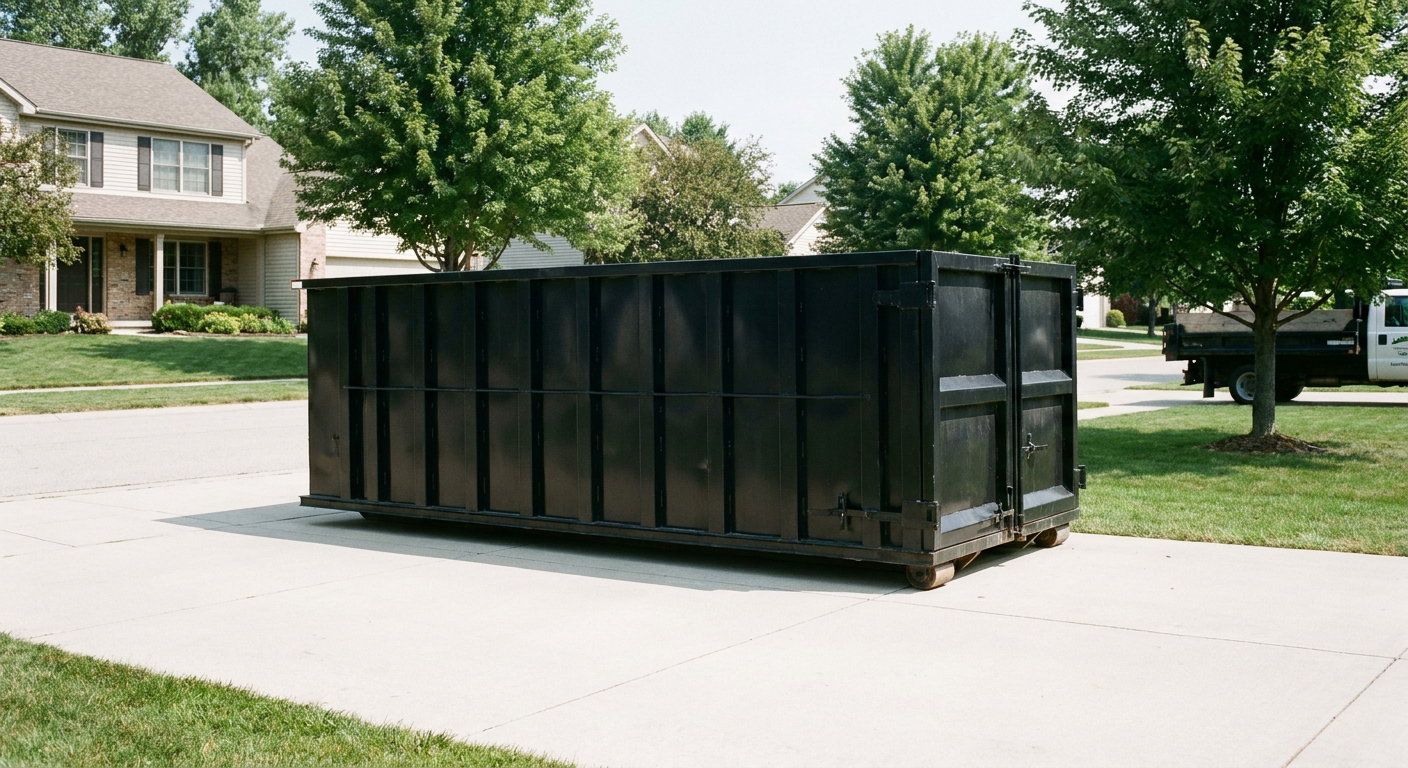 Matte-black 20-yard roll-off dumpster sitting level on a clean Snoqualmie residential concrete driveway under bright daylight, demonstrating clean placement directly on the concrete.