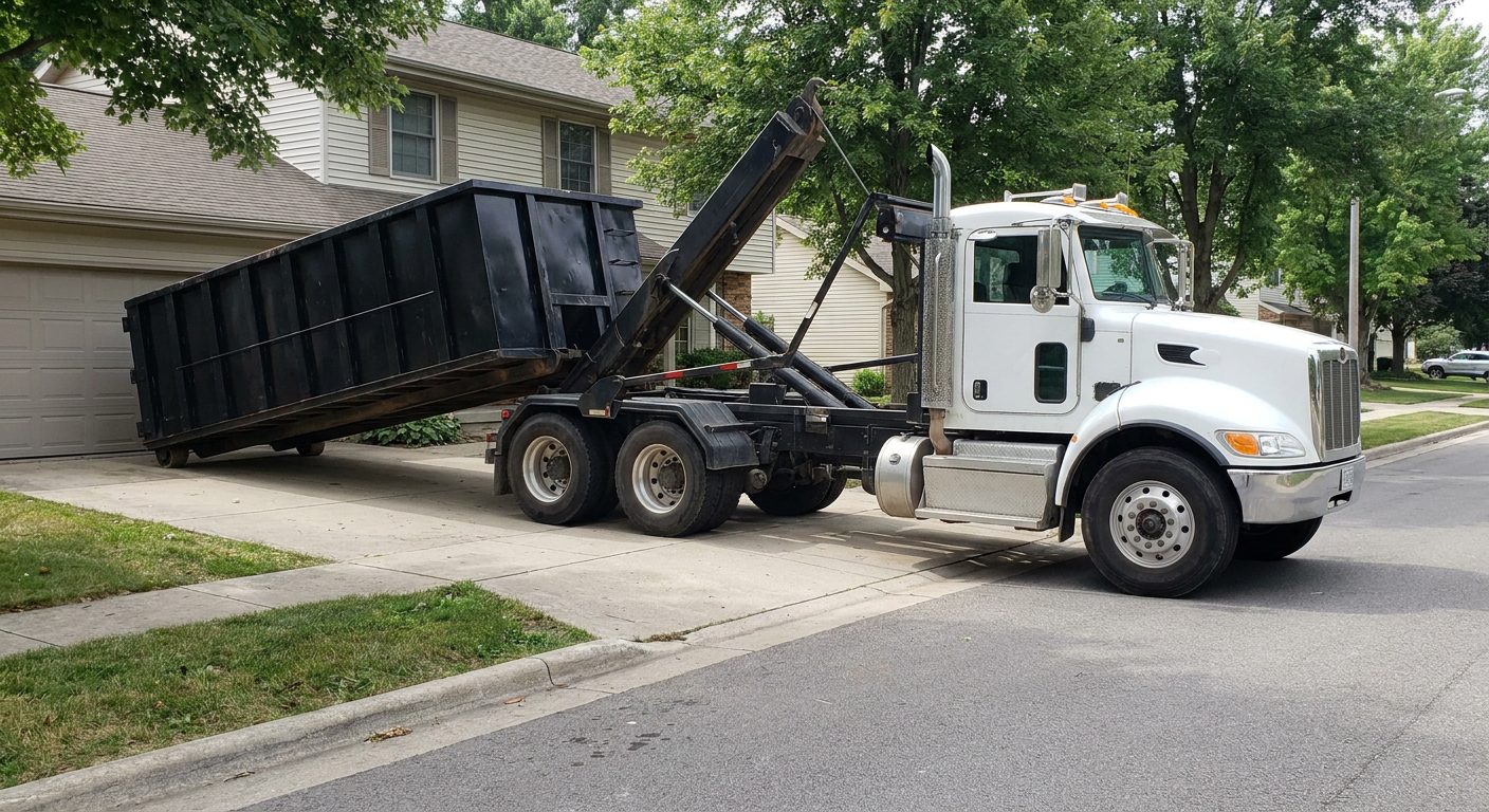 White-cab hooklift roll-off truck actively lowering a matte-black dumpster onto a Snoqualmie residential concrete driveway, the dumpster's rear wheels touching the driveway as the hoist arm tilts the bed forward, mid-morning daylight.
