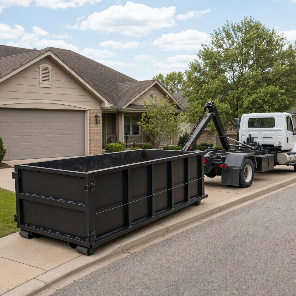 Wide documentary shot of a matte-black roll-off dumpster on a Snoqualmie residential driveway in the foreground and a contractor jobsite container in the soft-focus background, bright daylight, calm and orderly composition.