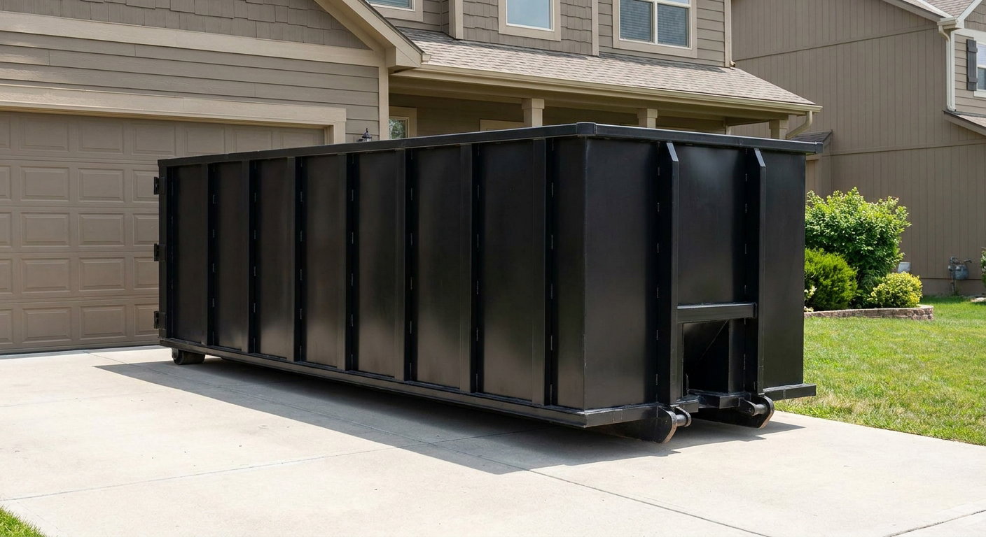 Matte-black residential roll-off dumpster sitting directly on a suburban Snoqualmie concrete driveway, garage door closed, single-family home in background, bright morning daylight.