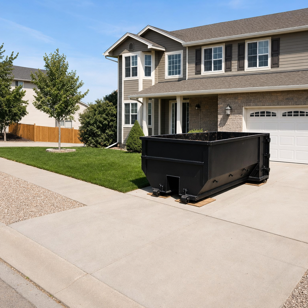 10-yard matte-black residential dumpster placed directly on a narrow Snoqualmie concrete driveway, room remains for a parked sedan beside it, mid-morning natural light