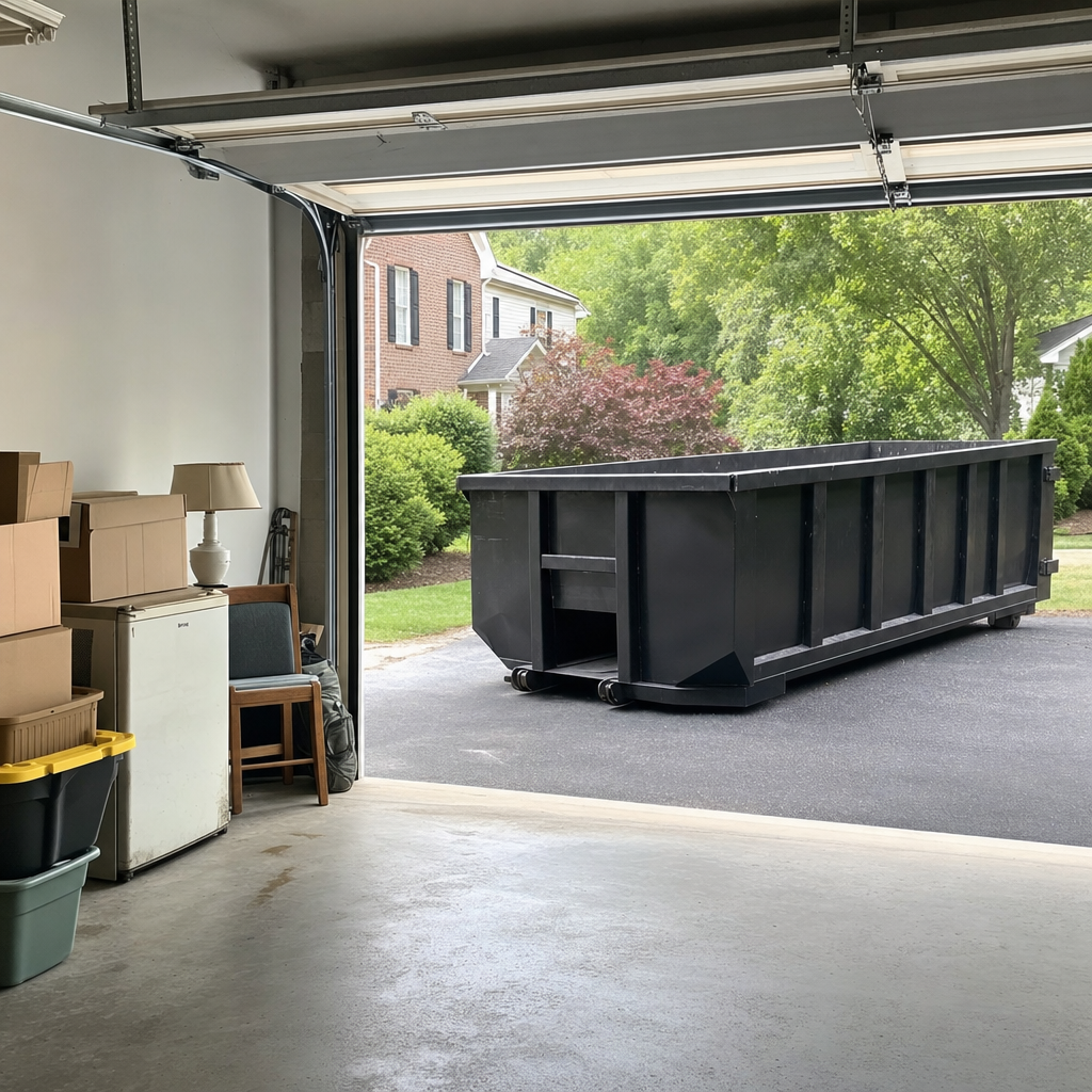 Open garage interior in a Snoqualmie home mid-cleanout — boxed items, an old appliance, and stacked yard tools queued near the driveway for a matte-black roll-off dumpster, organized and calm