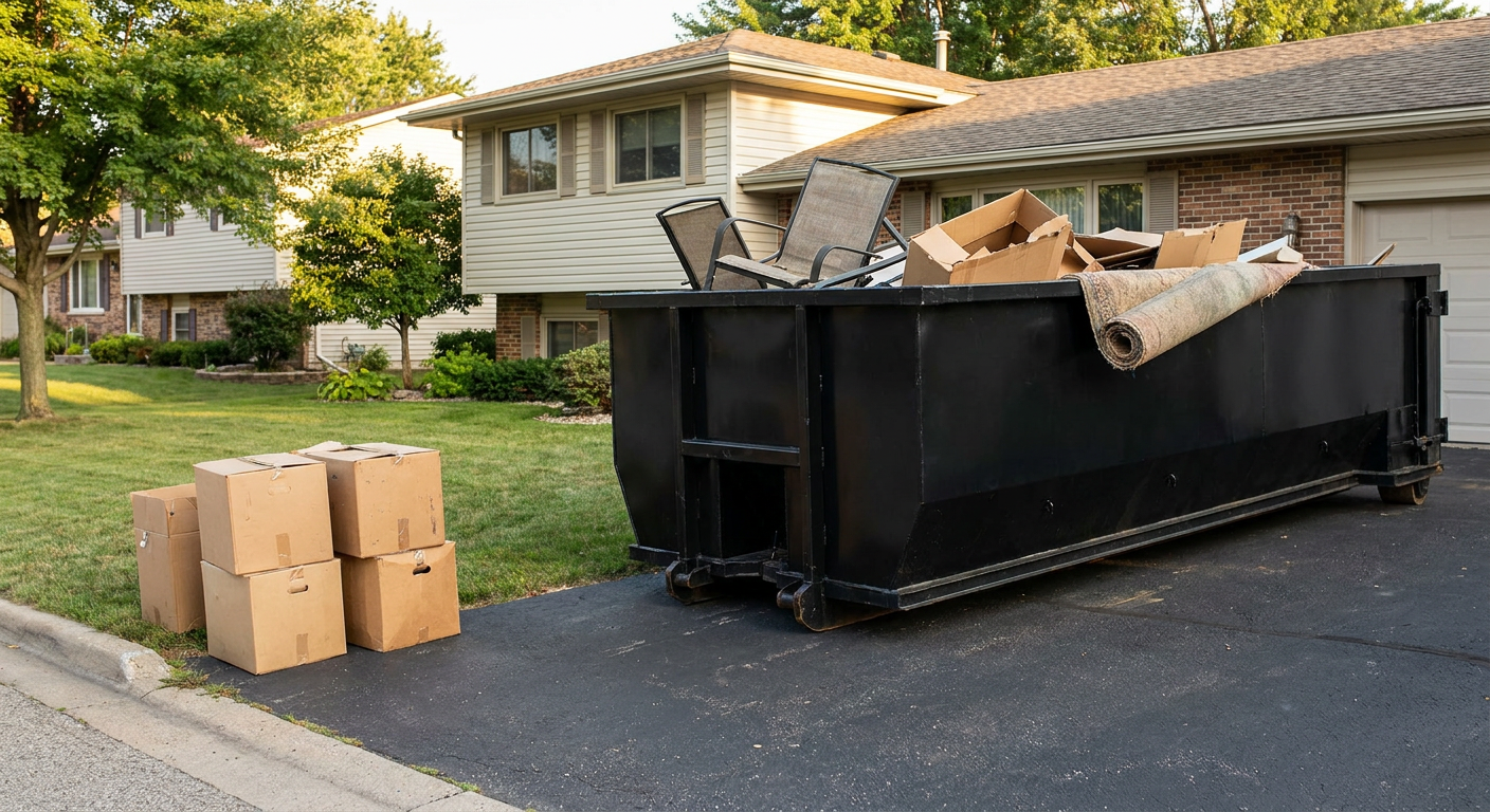 Front-yard view of a Snoqualmie split-level home with a 20-yard matte-black roll-off dumpster sitting directly on the asphalt driveway, a few clearly labeled donation boxes staged at the curb, calm sunny afternoon.