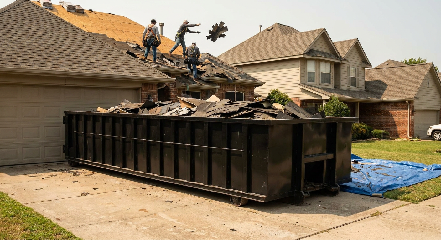 Matte-black roofing roll-off dumpster placed directly on a Snoqualmie residential concrete driveway, a tear-off crew on a two-story asphalt-shingle roof tossing shingle bundles into the low-walled container, bright daylight, documentary 35mm perspective.