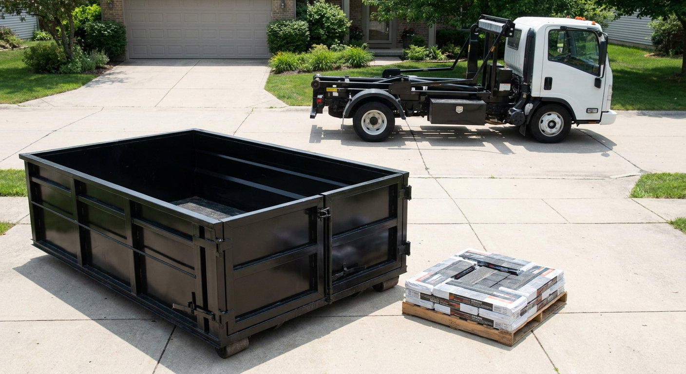 Matte-black 15-yard roofing roll-off dumpster with reinforced low side walls sitting directly on a Snoqualmie residential concrete driveway, three-tab asphalt shingle bundles stacked nearby, an unmarked white hauler truck partially visible at the edge of the frame.