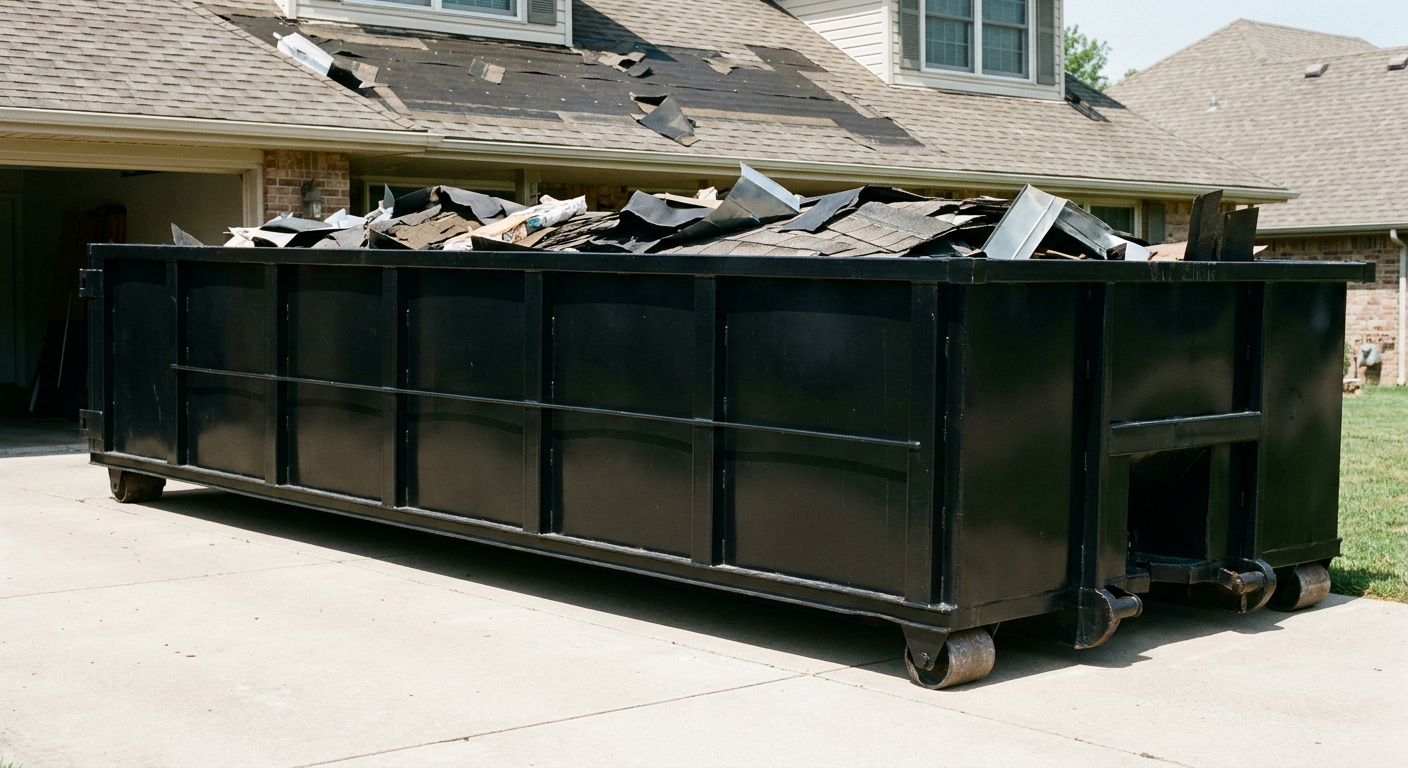 Matte-black 20-yard roofing roll-off dumpster with steel ribbed sides and swinging rear door, sitting directly on the concrete driveway of a two-story Snoqualmie home, asphalt shingle debris being loaded over the low wall, clean documentary lighting.