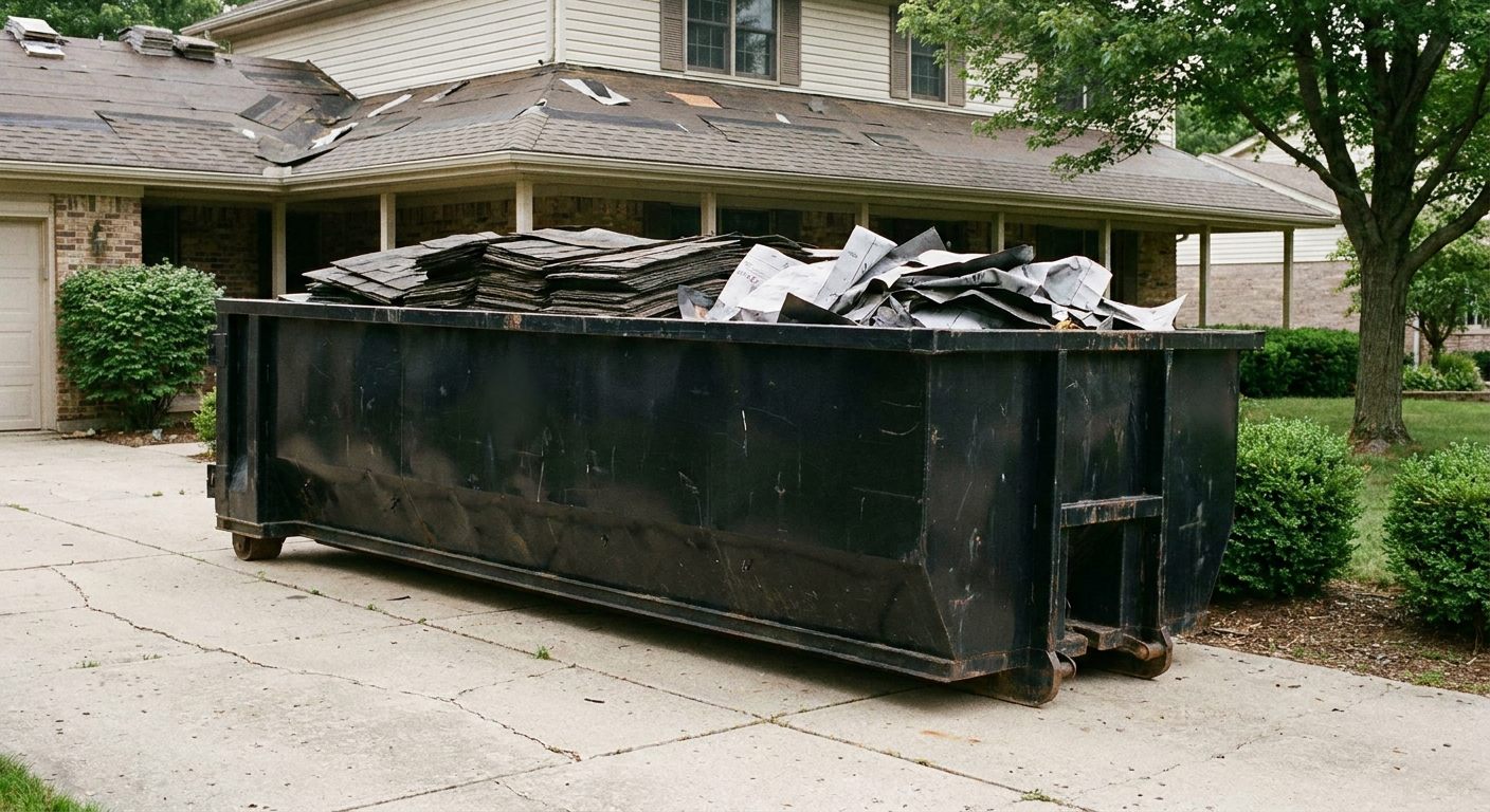 Matte-black 30-yard roofing roll-off dumpster sitting directly on a Snoqualmie concrete driveway, taller ribbed steel side panels, mixed tear-off debris of asphalt shingles and underlayment inside, professional documentary daylight.
