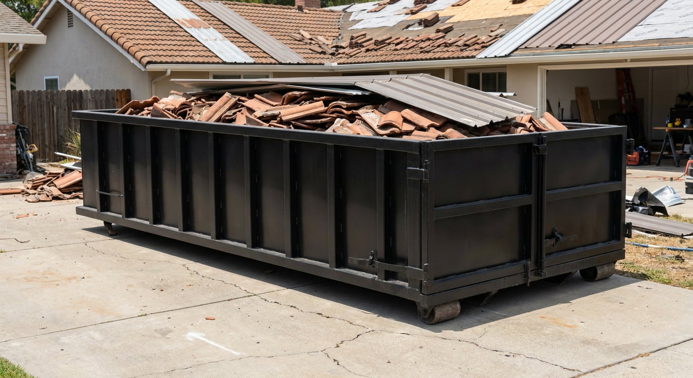 Matte-black low-wall heavy-debris roofing roll-off dumpster sitting directly on a Snoqualmie concrete driveway, broken concrete clay roof tiles and metal panel sections loaded inside, reinforced ribbed steel side walls visible, bright outdoor daylight.