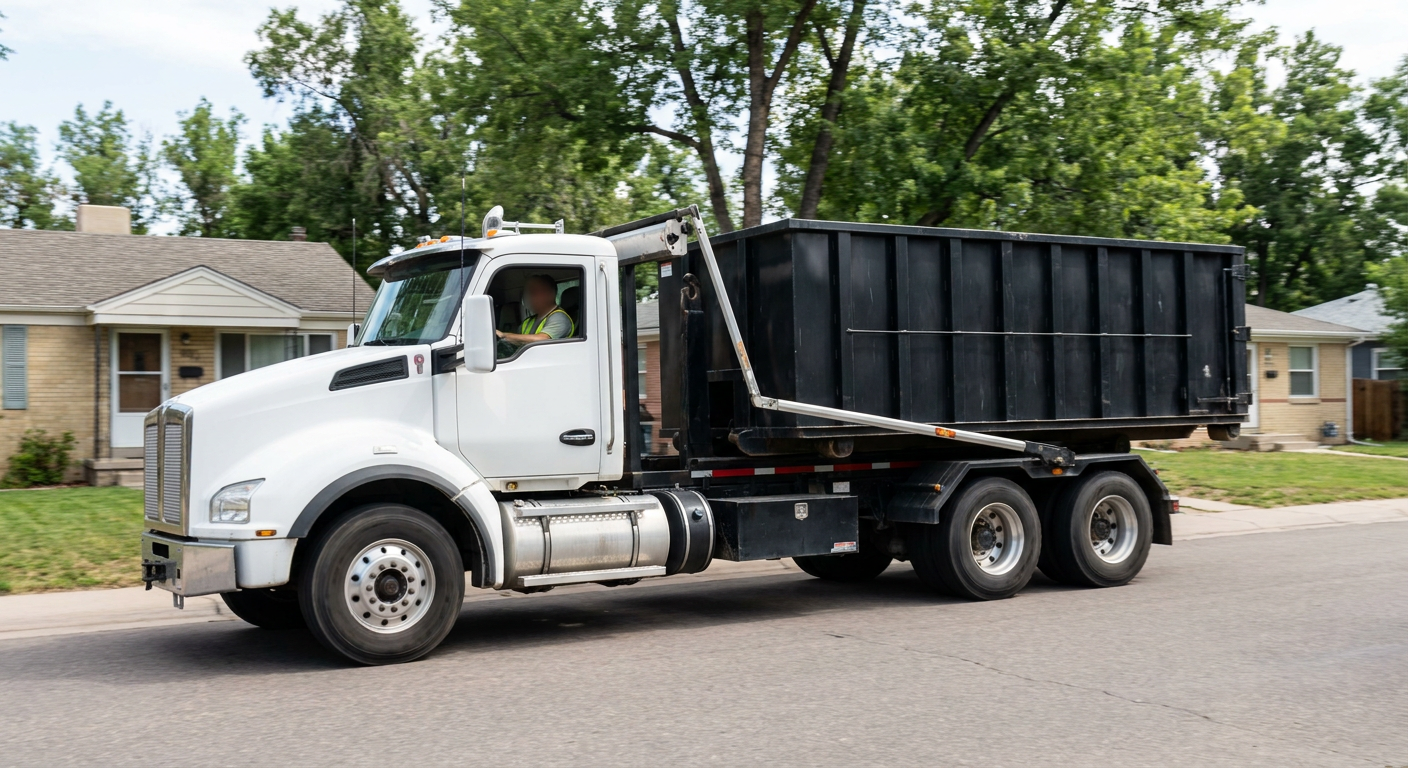 A wide documentary shot of a matte-black roll-off delivery truck pulling onto a quiet Snoqualmie residential street at mid-morning, with neighborhood rooftops and tree-lined blocks visible behind, showing the metro coverage footprint.
