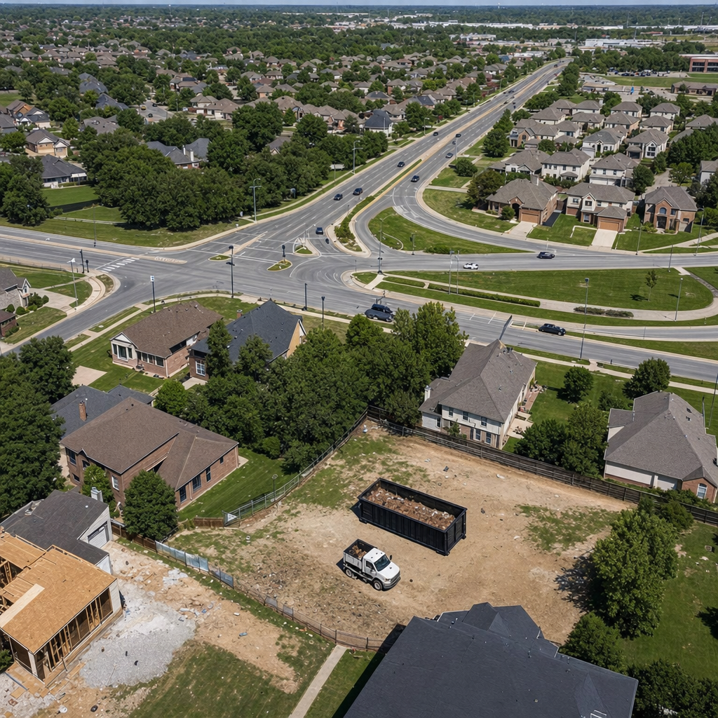 An overhead documentary view of the Snoqualmie metro area at midday, showing the spread of neighborhoods, arterial roads, and the dispatch radius from a central yard — clean daylight, organized geographic layout.