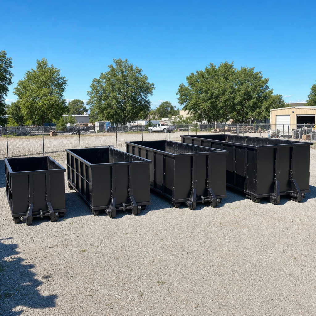 A clean lineup of matte-black roll-off dumpsters in 10, 20, 30, and 40-yard sizes staged on a sunlit gravel yard in Snoqualmie, showing the size progression from compact to commercial-scale containers.