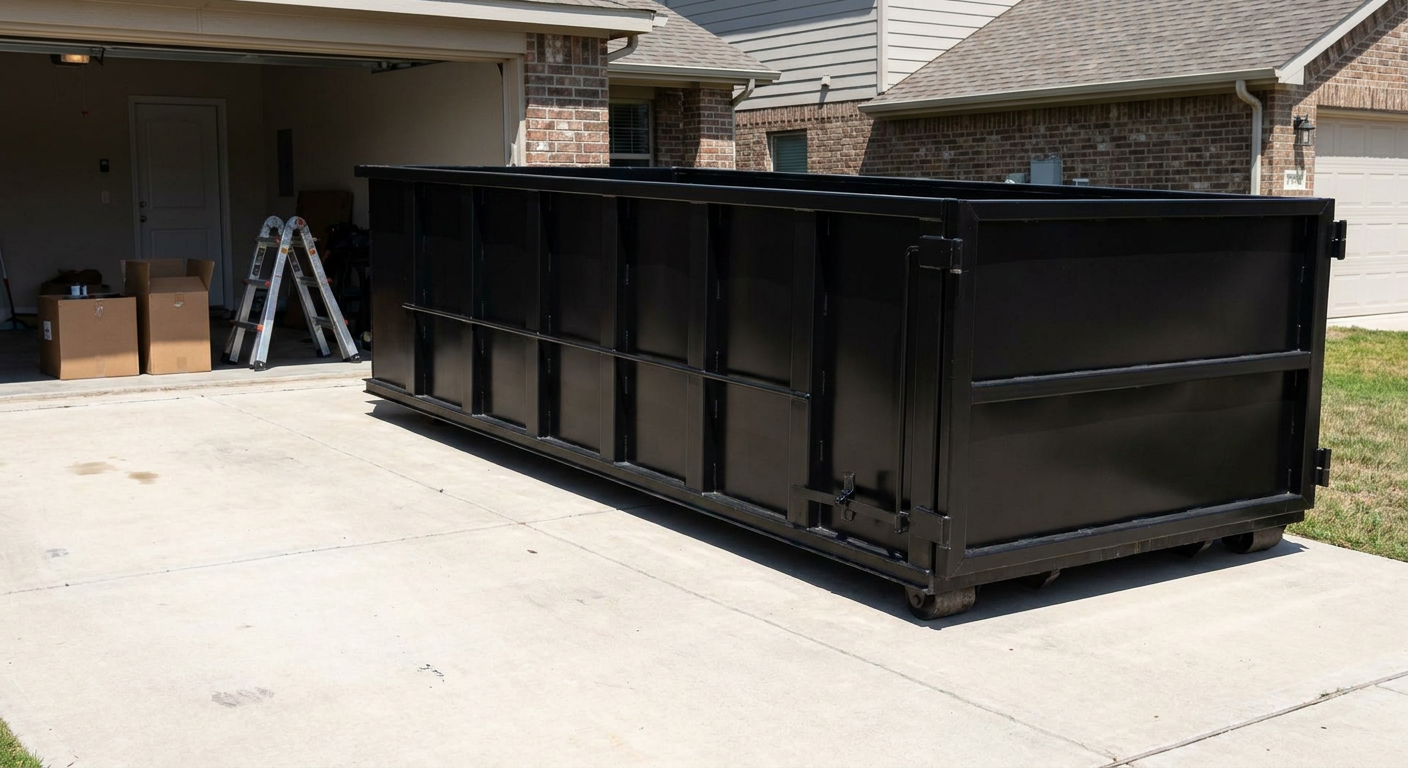 A matte-black 10-yard roll-off dumpster sitting directly on a residential Snoqualmie concrete driveway, mid-day sunlight, clean and ready for a garage cleanout.