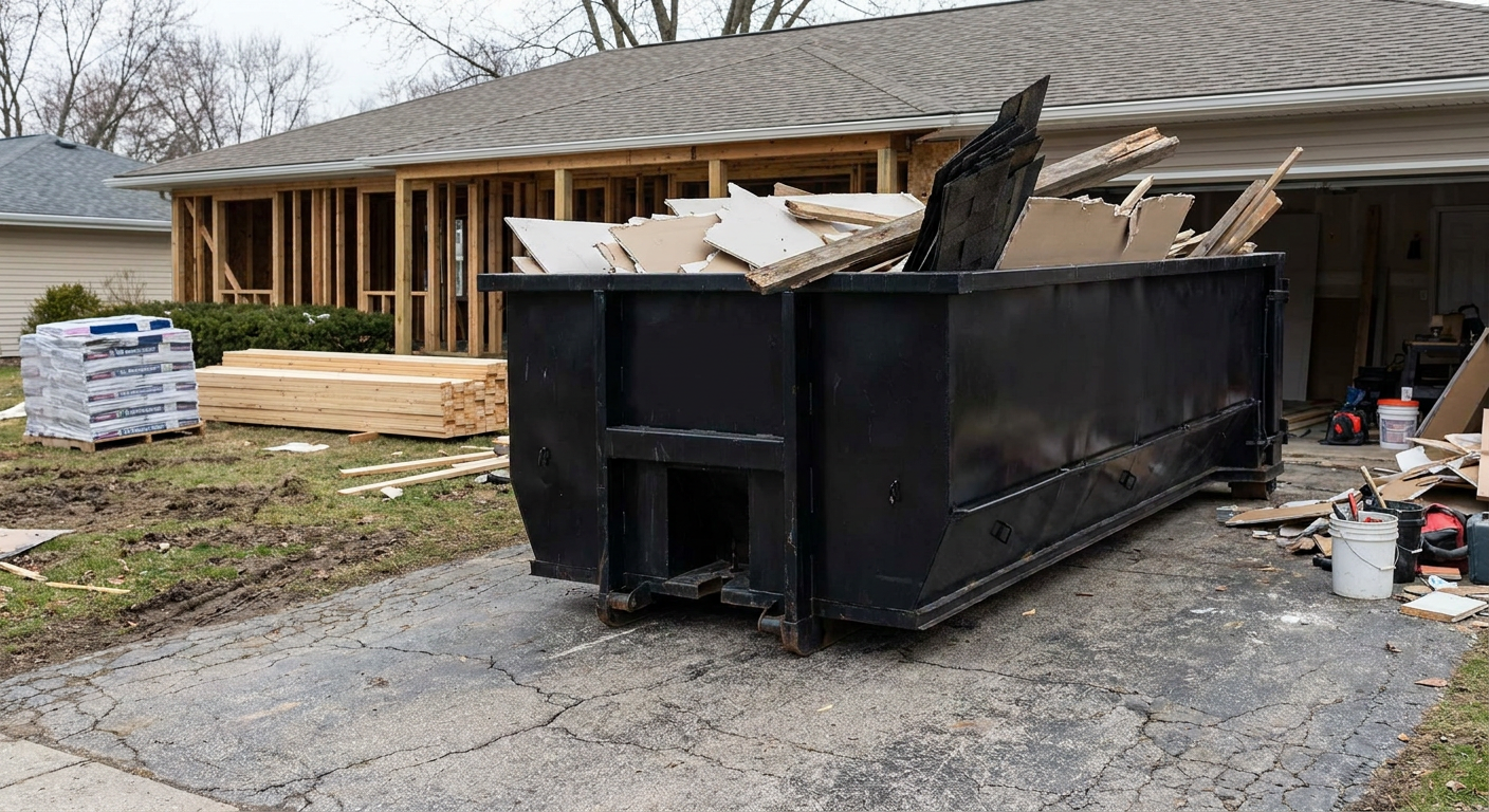 A matte-black 20-yard roll-off dumpster placed alongside a mid-renovation Snoqualmie home directly on the asphalt driveway, with framing materials and torn-off shingles staged neatly nearby.