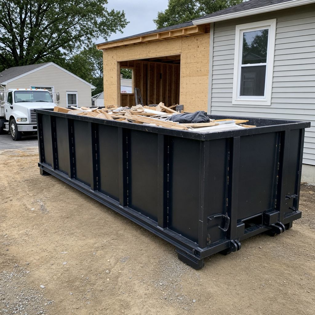 A matte-black 30-yard roll-off dumpster positioned at a Snoqualmie residential addition jobsite, with framing lumber and drywall scraps loaded through the open swinging rear doors.