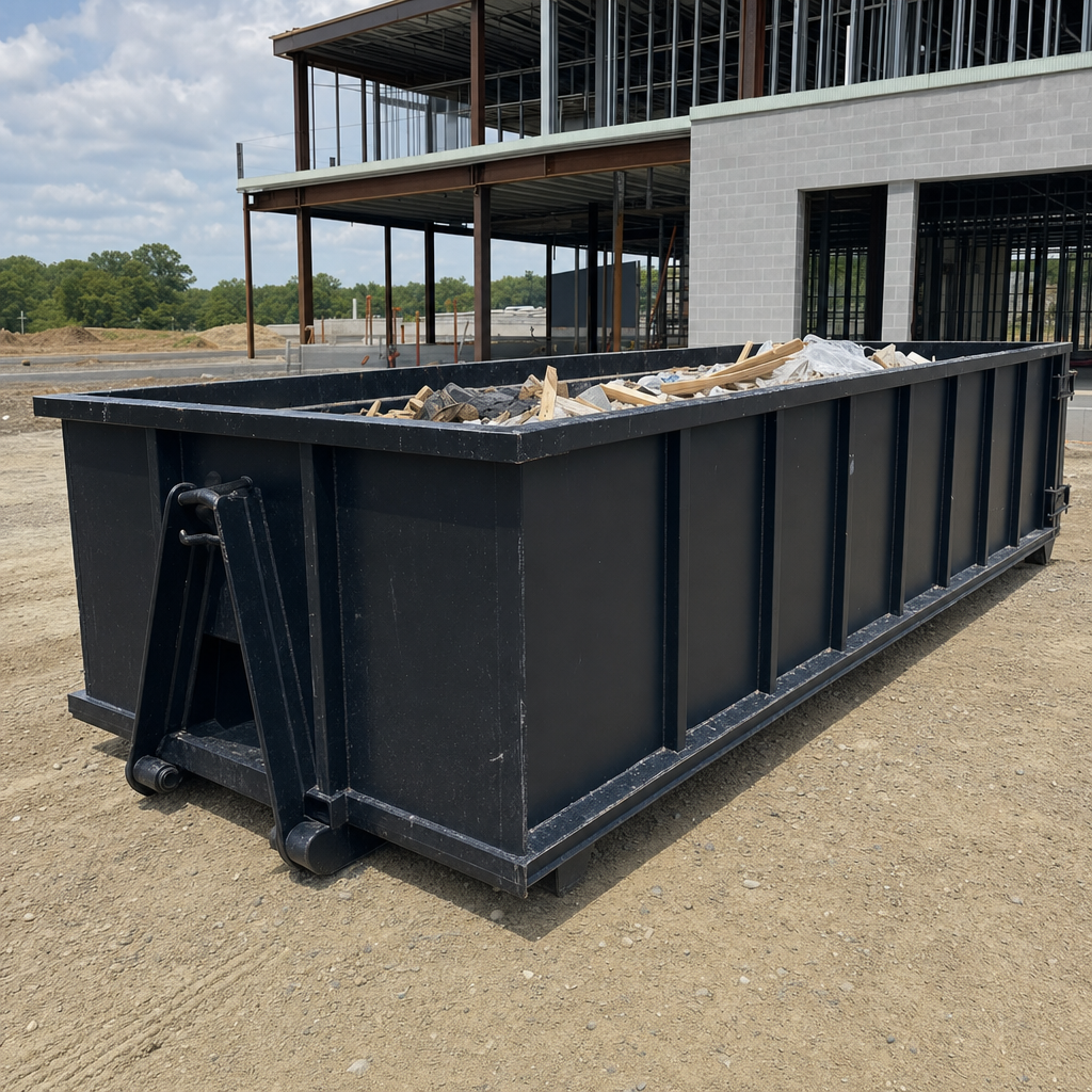 A matte-black 40-yard roll-off dumpster staged on a large Snoqualmie commercial construction lot, with a hooklift delivery truck parked alongside under bright midday sky.