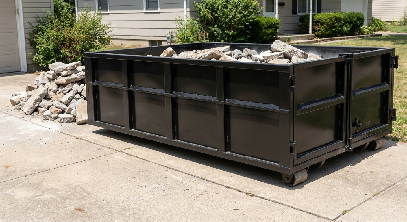 A matte-black low-side heavy-debris roll-off dumpster placed directly on a Snoqualmie concrete driveway, with broken concrete chunks neatly stacked beside it under clean daylight.